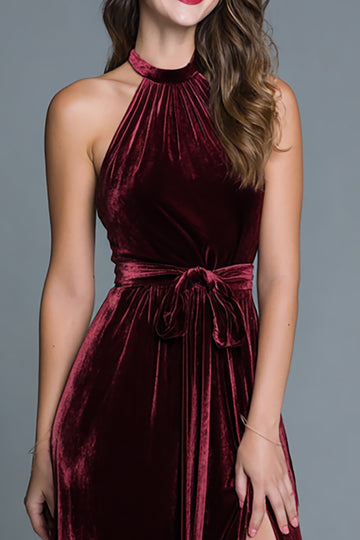Velvet Halter Burgundy Holiday Party Dress With Slit